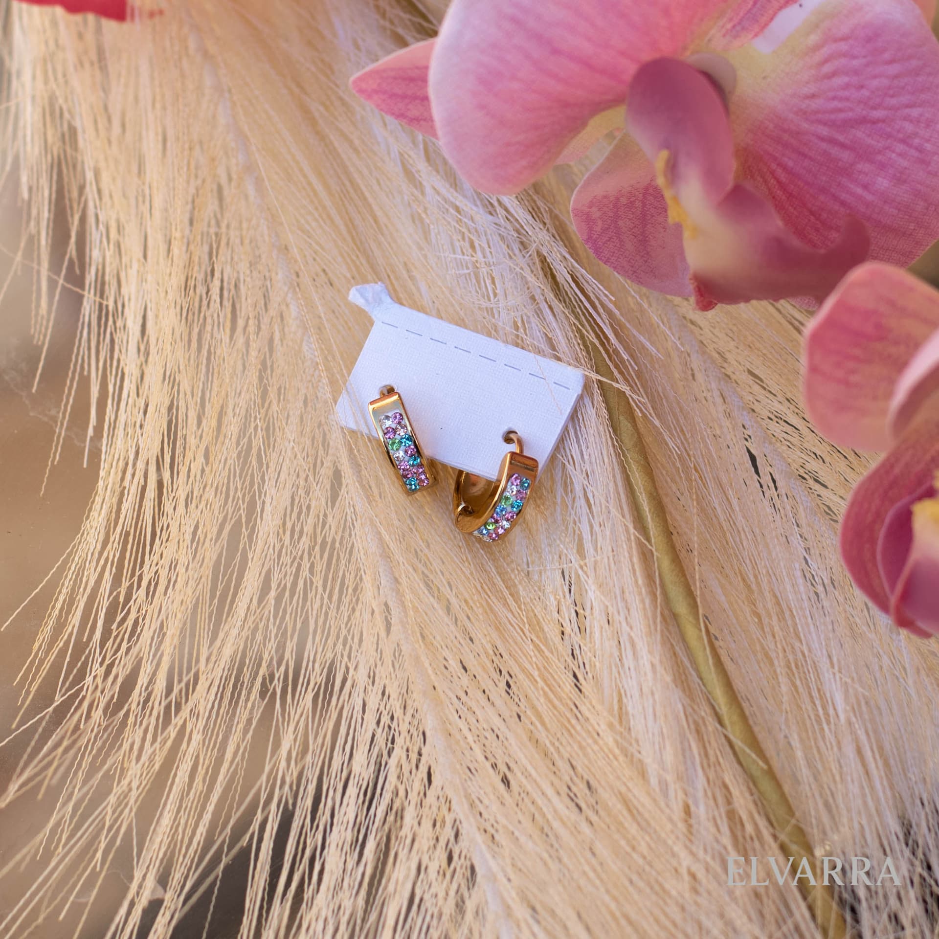 Gold Plated Fashion Huggies Earring Jewellery, multicoloured stone