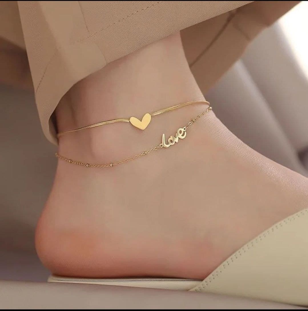 Beach fashion double layer hear and love anklet