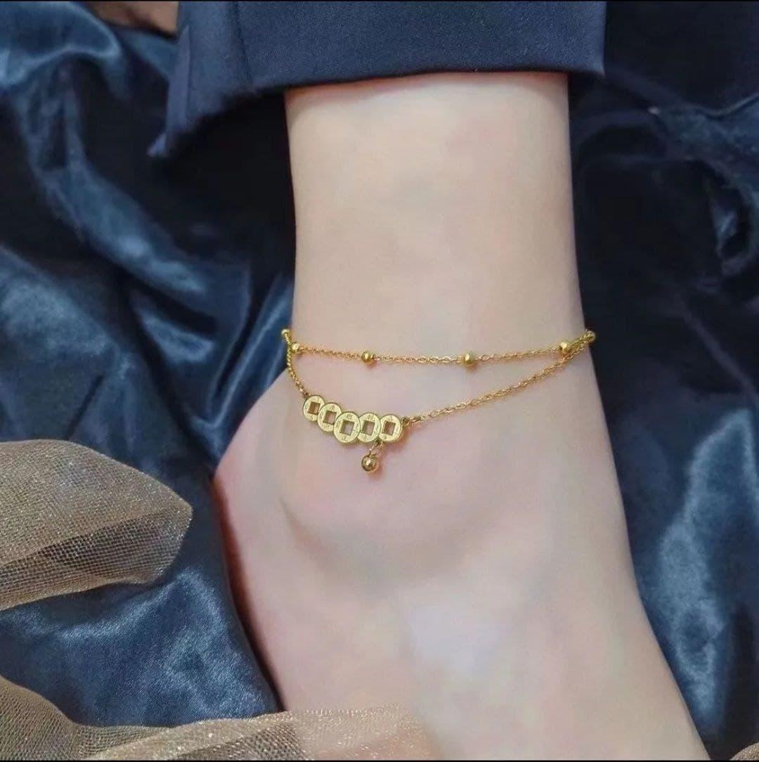 Elvarra coins and tiny bell layered anklets