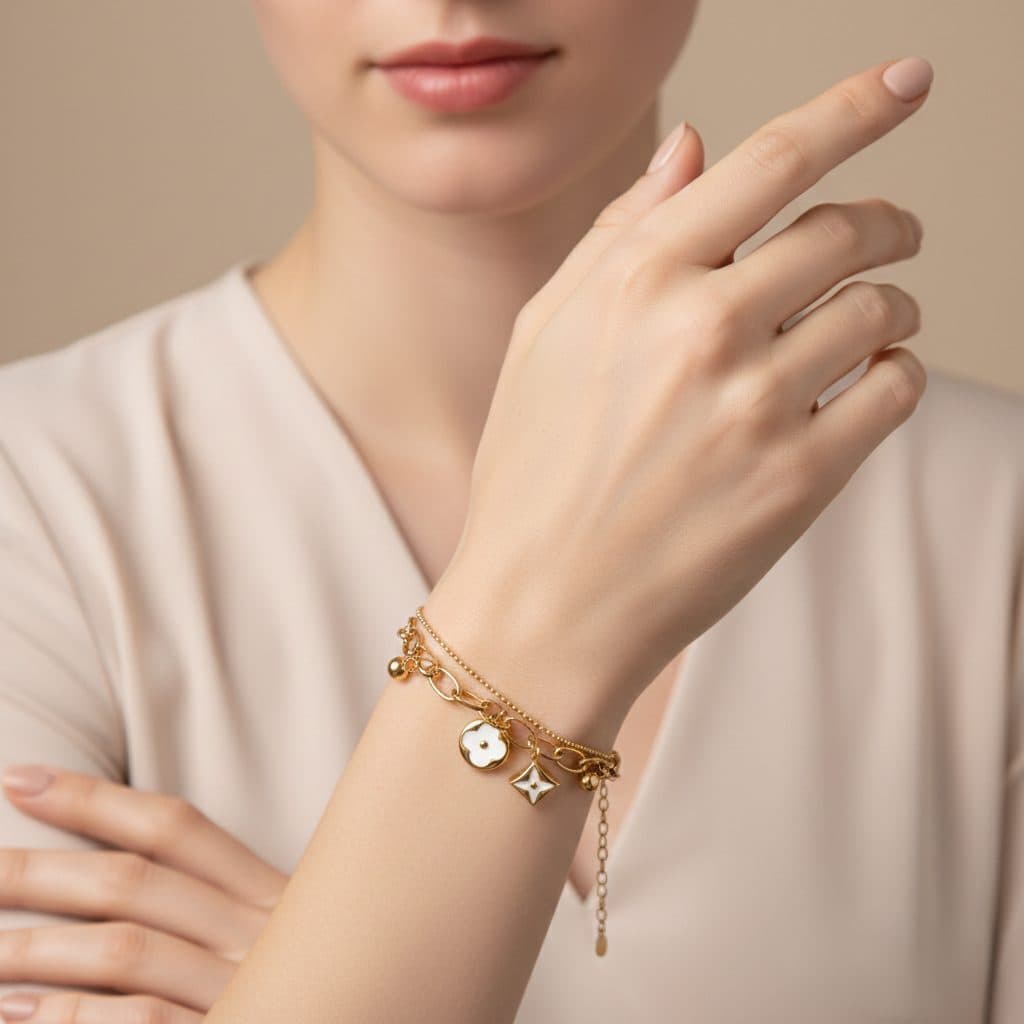 Stainless Steel 18k Gold Eye Leaf Double Layers Bracelet Women Jewelry Bracelets