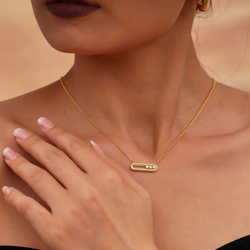Gold Plated Geometric Stainless Steel Chain Slide Zircon Necklace