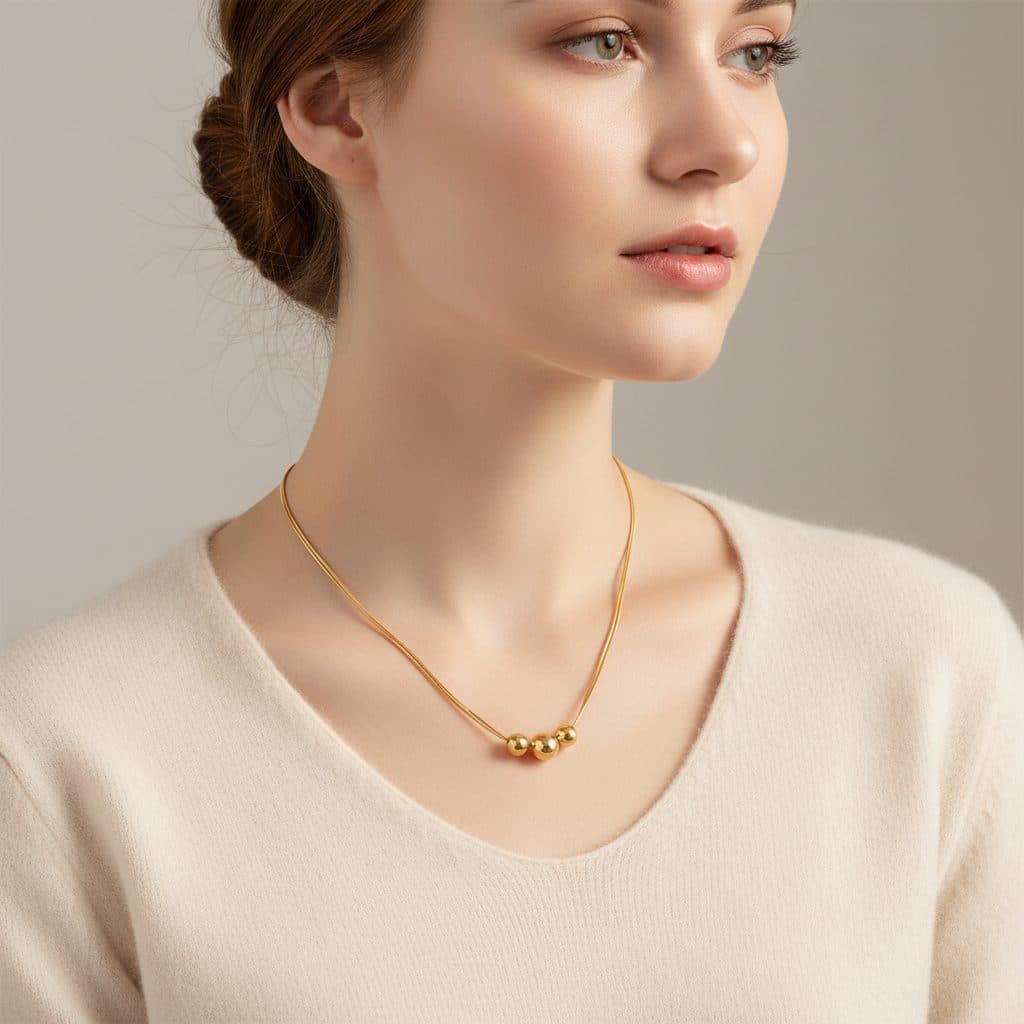 Stainless Steel Gold-plated Fashion Necklace Three Beads Pendant Light Luxury Jewelry